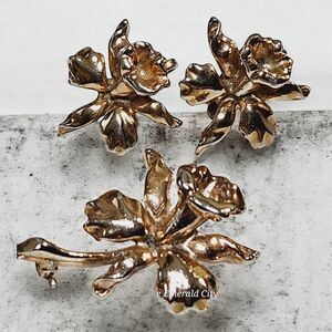 Vtg Jack In The Pulpit Screw Earrings Matching Brooch Set Gold Tone Iris Bundle